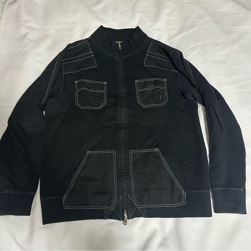 O’Quinn mens Black Bomber Jacket with White Stitching size LG